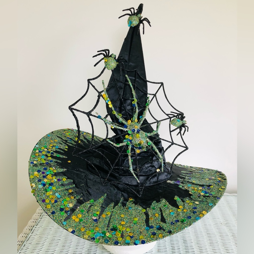 WITCH HAT Black satin green Sparkles crawling with spiders & Lg web 1 Of a kind - Picture 8 of 16